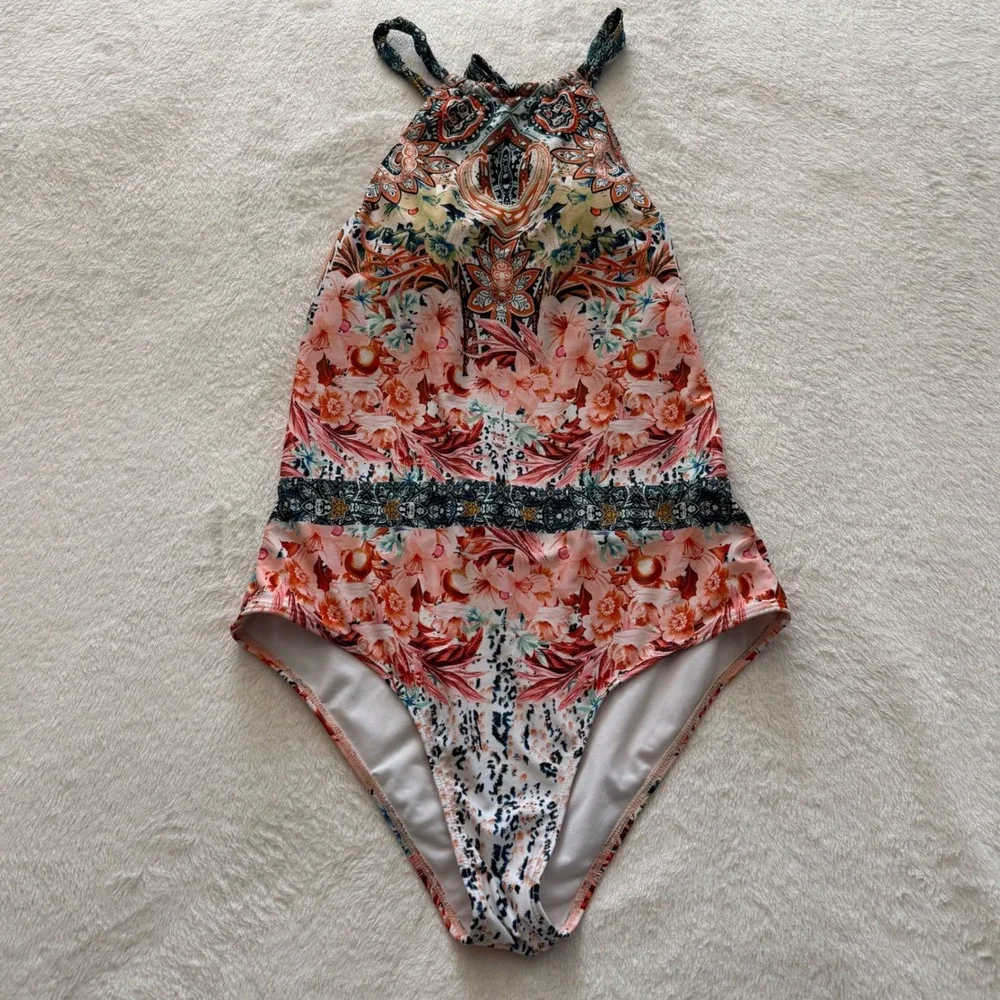 Boho Floral Halter One Piece Swimsuit Open‎ Back XL High Neckline Fully Lined
